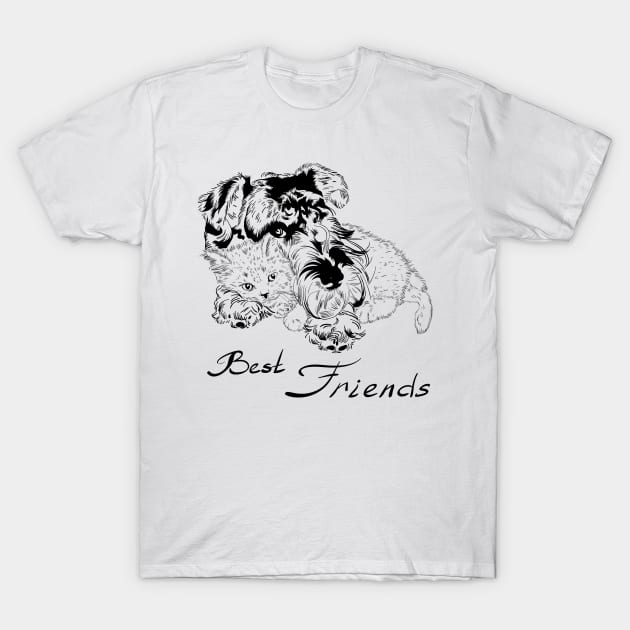 Sweet dog with cute kitten hand drawing T-Shirt by kavalenkava